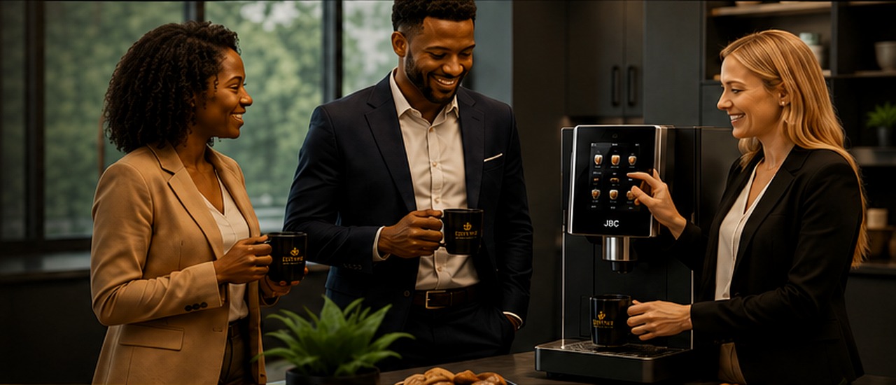 Diverse professionals enjoying coffee in an office breakroom